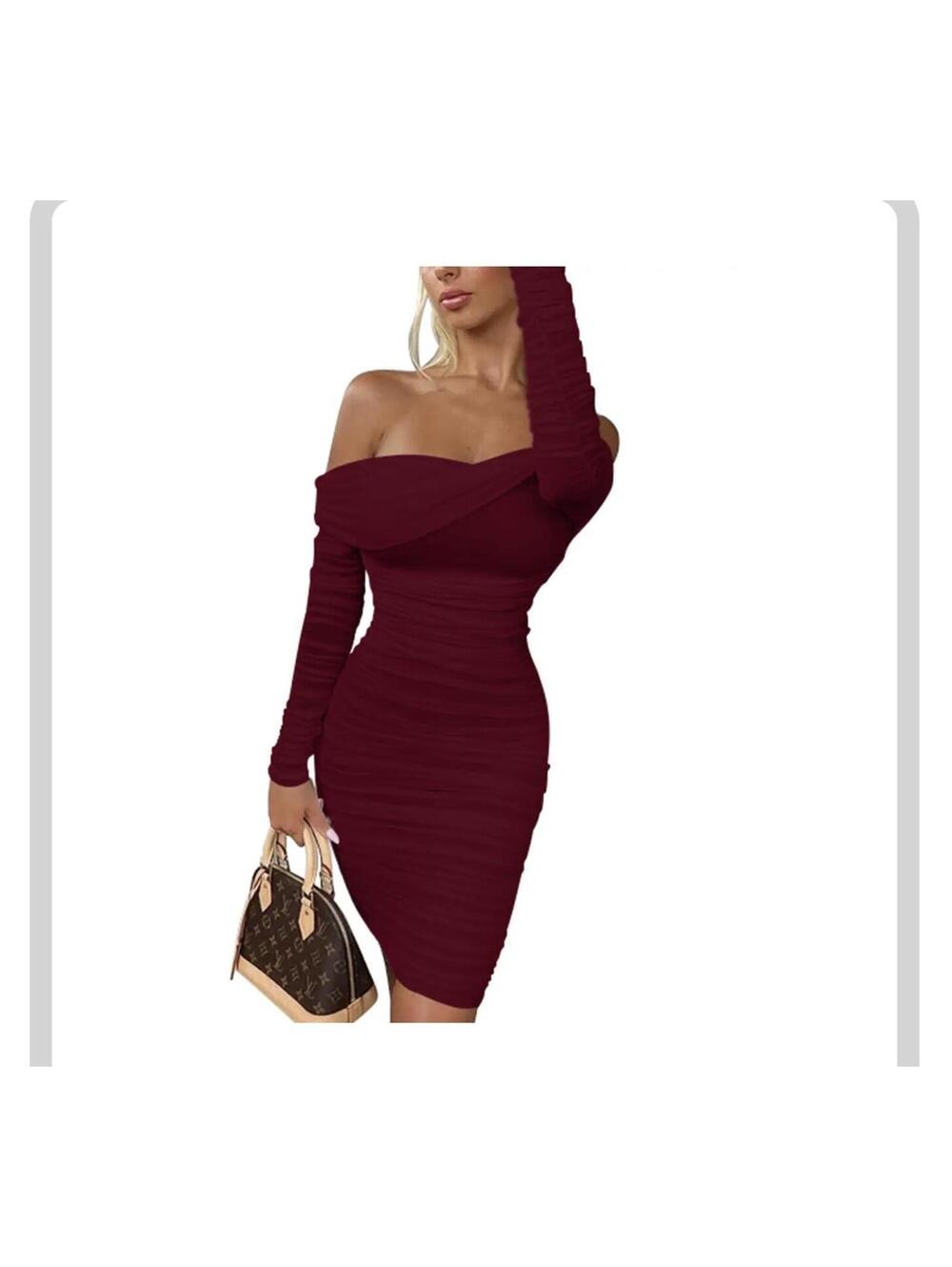 Viral OYS Off Shoulder Long Sleeve Ruched Bodycon Mesh Dress